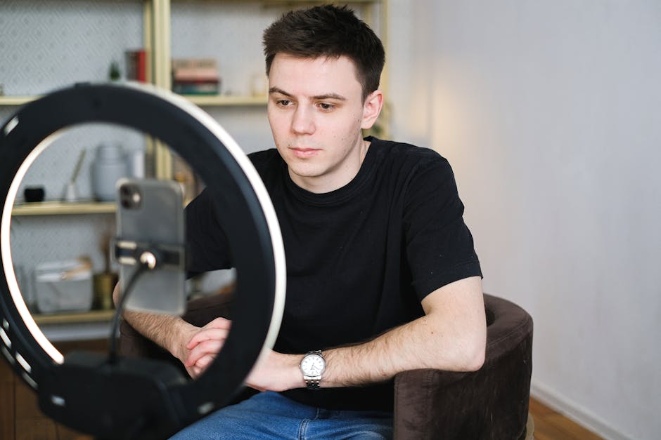 Webcam studio setup with neon ring light