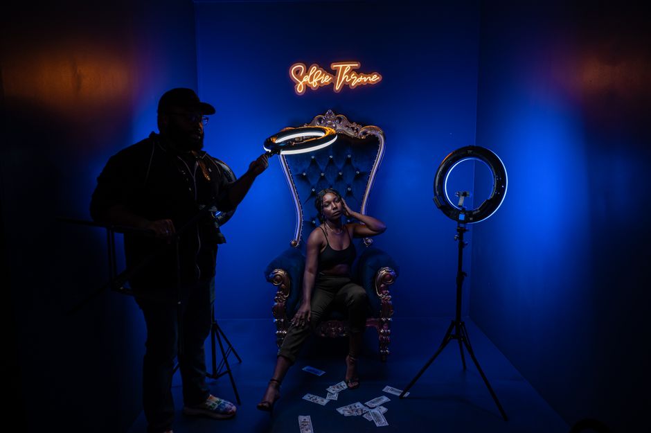Empty webcam studio with neon lighting