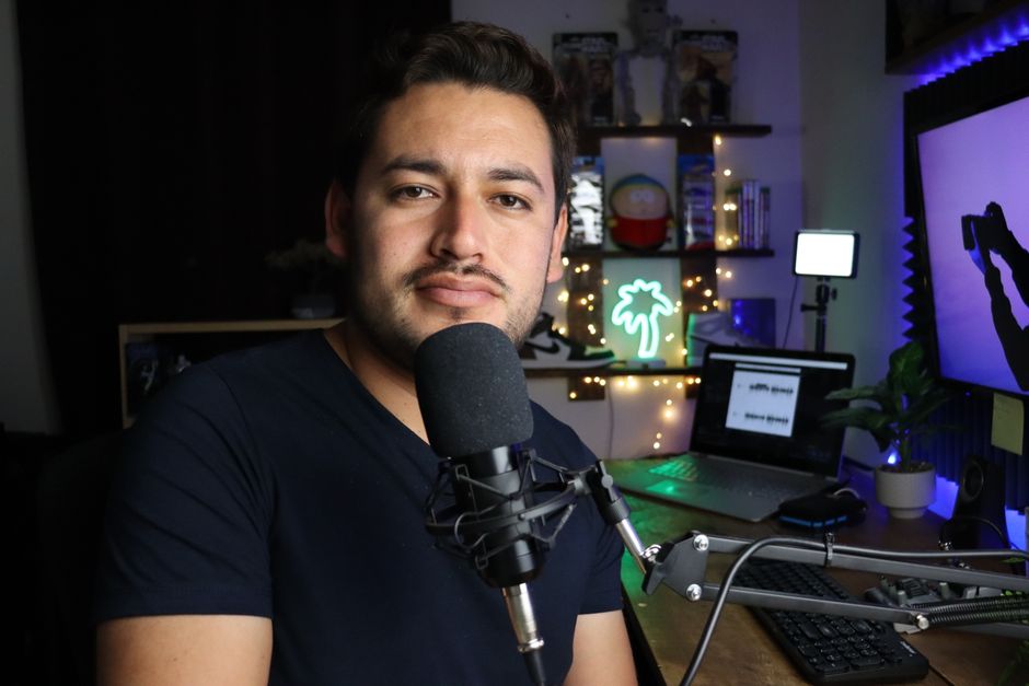 Live streaming setup with neon lighting
