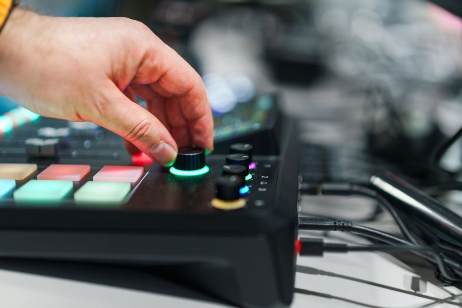 Neon-lit live cam studio with interactive controls