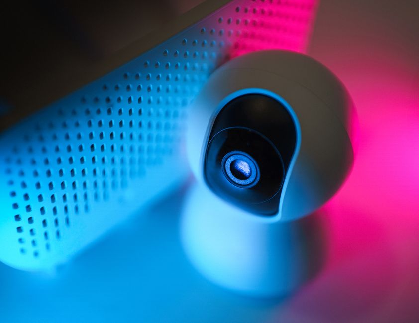 Empty cam studio with neon lighting and ring light
