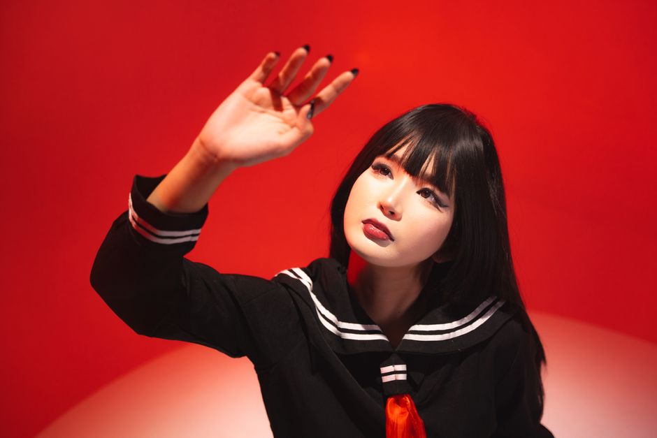 Japanese AV cosplay studio with neon lighting