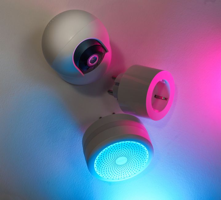 Professional webcam streaming studio with neon lighting